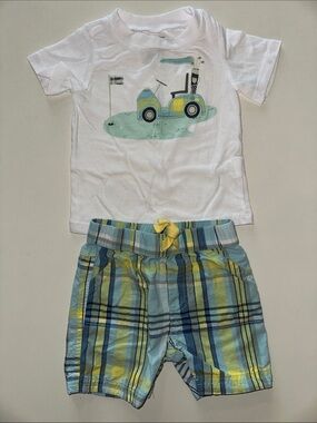 ⛳️ 3-6M Golf Themed Embroidered White Tee with Matching Plaid Shorts
